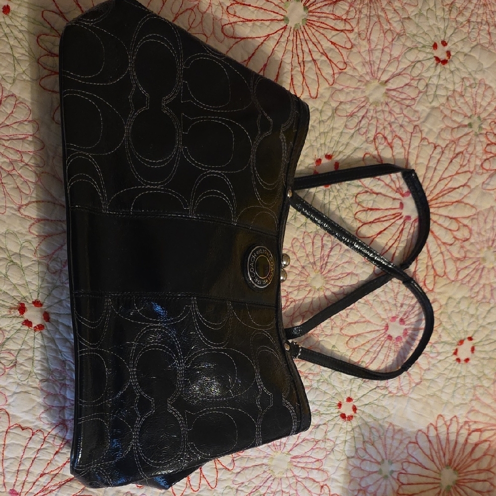 Coach Black Patent Signature Tote with Gloss Finish